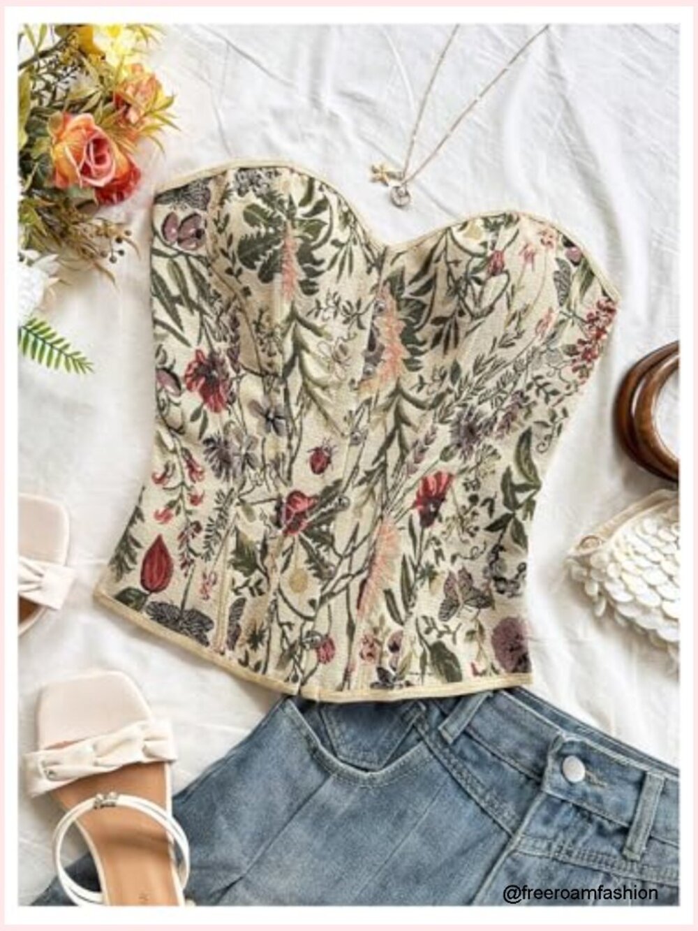 Women's Vintage Bustier Corset Top Floral Lace Up Strapless Boned Crop Tube Top - Picture 5 of 5